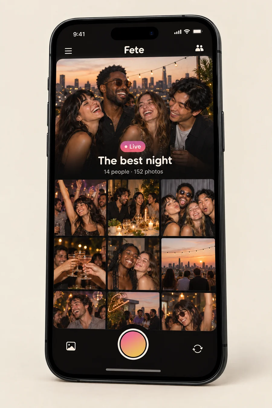 Fete app concept showing a live party album, a grid of friends' photos, and a camera shutter button