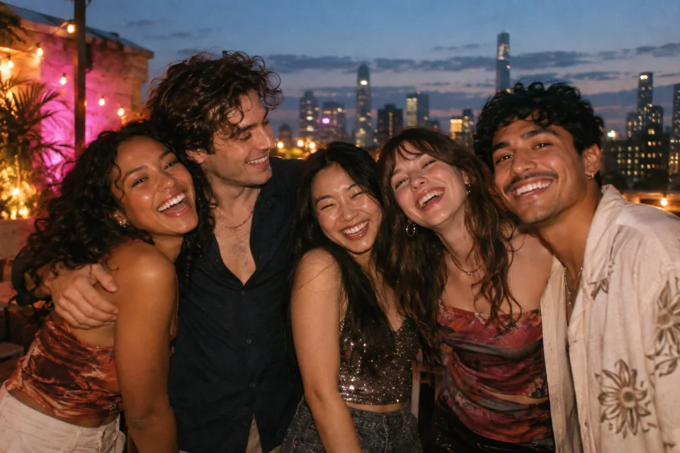 Friends laughing together at a rooftop party at dusk